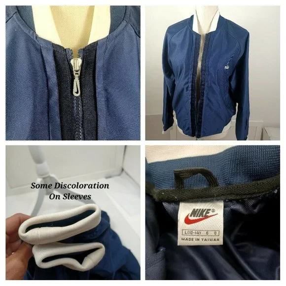 Vintage Nike Nylon Jacket Youth Large 12-14 Blue & White -Zip Up -Logo -90s